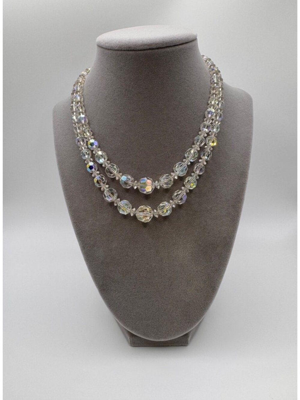 Vintage Double Strand AB Crystal Bead Necklace Faceted Glass 14-16in Chain